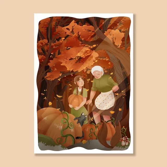Illustration Automne avec grand-mère, fillette et citrouilles dans une forêt aux teintes rousses.