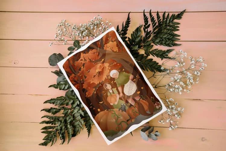 Détail de l'illustration Automne montrant les personnages chaleureux et les feuilles dorées.