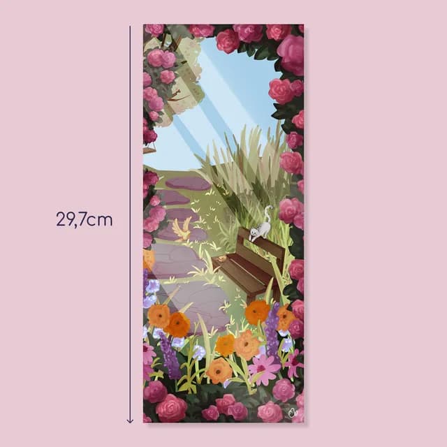 Illustration verticale d'un jardin fleuri avec banc en bois, petit chat blanc et roses