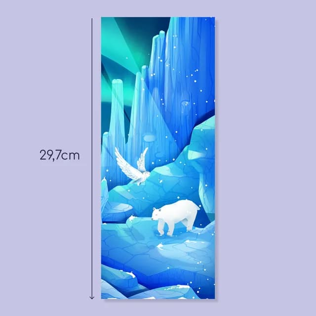 Illustration verticale d'un paysage polaire bleu avec un ours blanc et un oiseau en vol parmi les glaciers