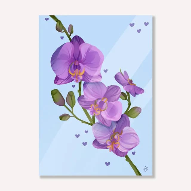Illustration d'une branche d'orchidées violettes et petits cœurs sur fond bleu clair