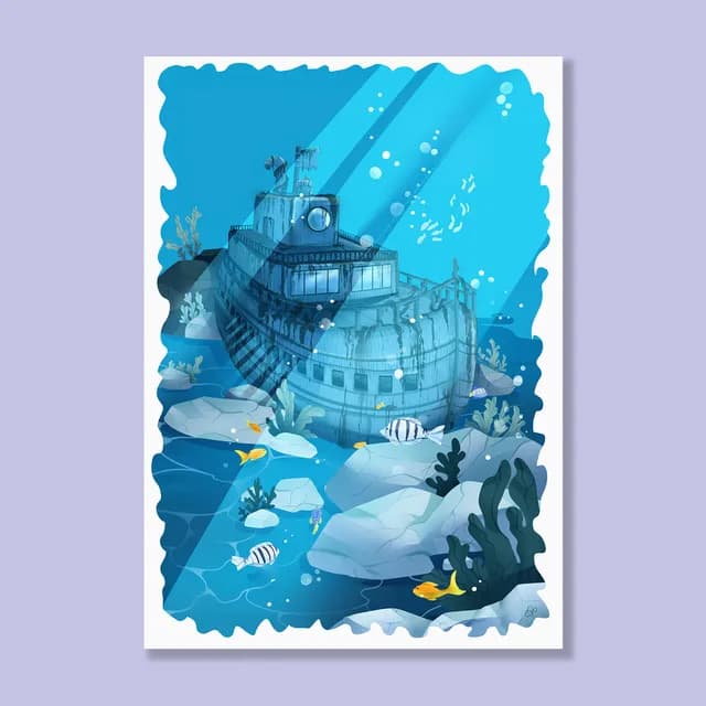 Affiche illustrant une épave de bateau sous l'eau entourée de poissons et de rochers dans des tons bleus.
