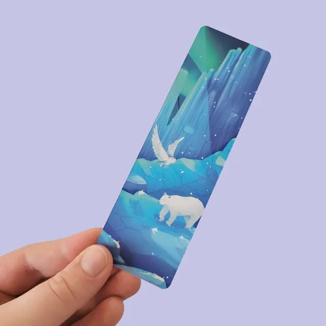 Marque-page tenu en main illustrant un ours polaire et un oiseau blanc sur des blocs de glace bleus