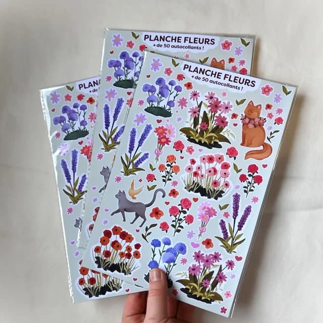 Trois planches d'autocollants sous sachet plastique tenues en main, avec des motifs de fleurs et chats.