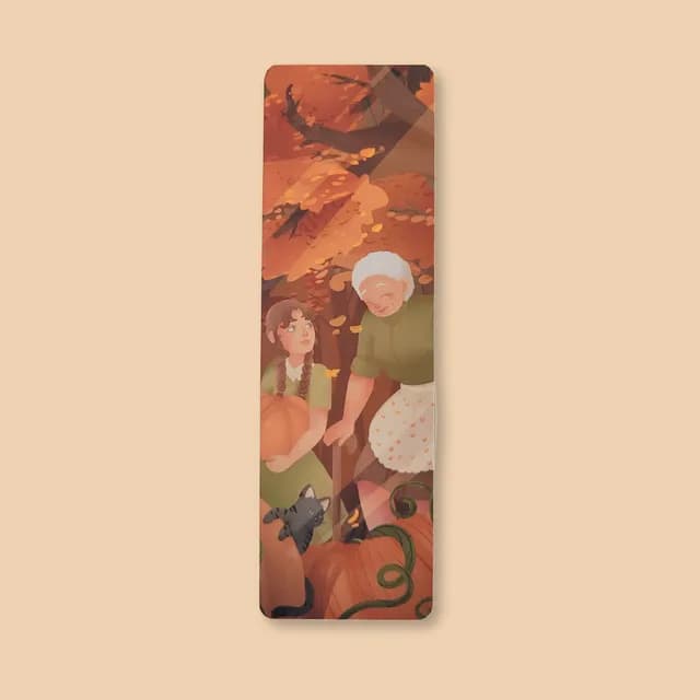 Illustration automnale du marque-page avec feuillage doré, citrouilles et personnages chaleureux.