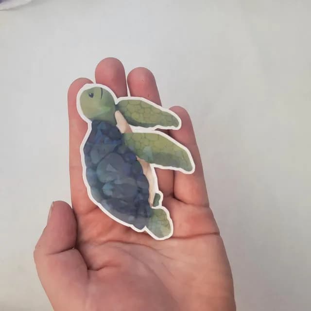 Autocollant illustré d'une tortue marine verte et bleue tenu dans une main.
