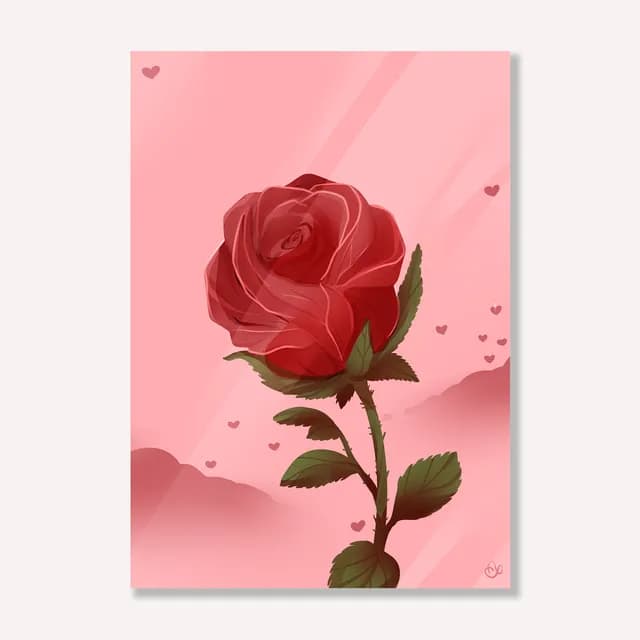 Illustration d'une rose rouge avec tige épineuse et feuilles sur fond rose parsemé de petits cœurs.