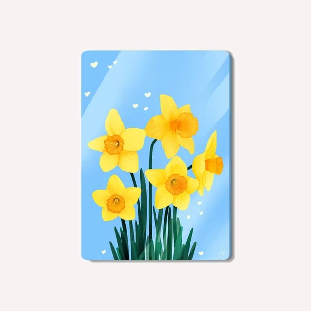 Illustration de jonquilles jaunes aux tiges vertes et petits cœurs sur fond bleu ciel.