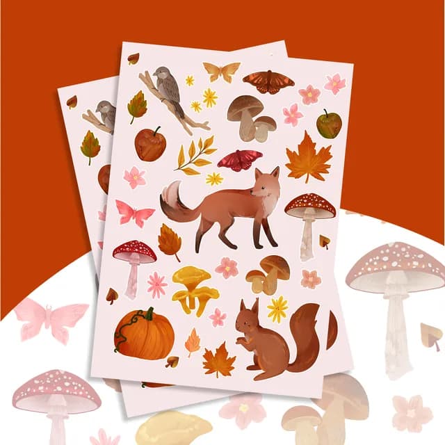 Planche de stickers avec renard, écureuil, citrouille, champignons et feuilles mortes aux tons orangés.