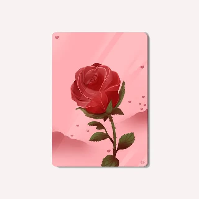 Illustration d'une rose rouge sur tige avec petits cœurs sur fond rose pastel