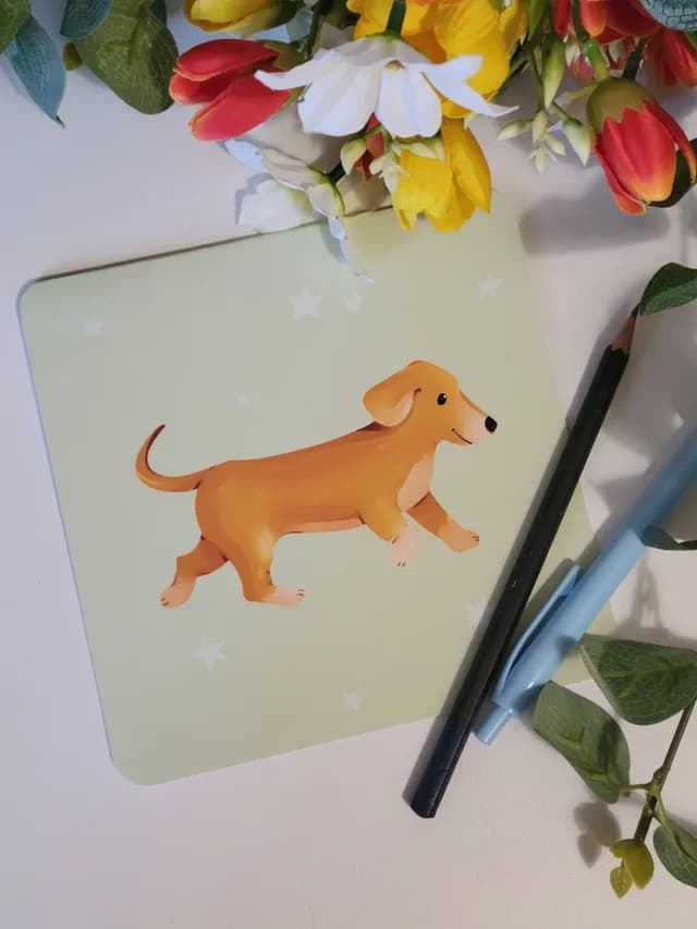 Carte carrée illustrée d'un petit teckel marron sur fond vert pâle avec de discrètes étoiles blanches.