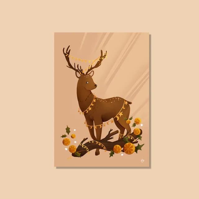 Illustration d'un cerf orné de guirlandes dorées sur une branche avec tranches d'orange, sur fond beige.