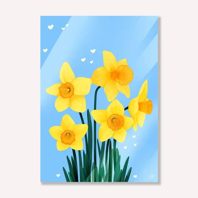 Illustration de jonquilles jaunes aux tiges vertes sur un fond bleu ciel parsemé de petits cœurs blancs.