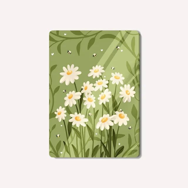 Illustration de pâquerettes blanches et de petites abeilles sur fond vert