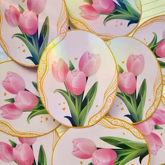 Détail du sticker tulipes roses avec finition holographique et reflets lumineux.