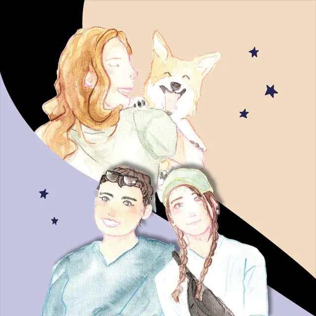 Portraits peints à l'aquarelle d'une femme avec son chien et d'un duo de femmes souriantes.