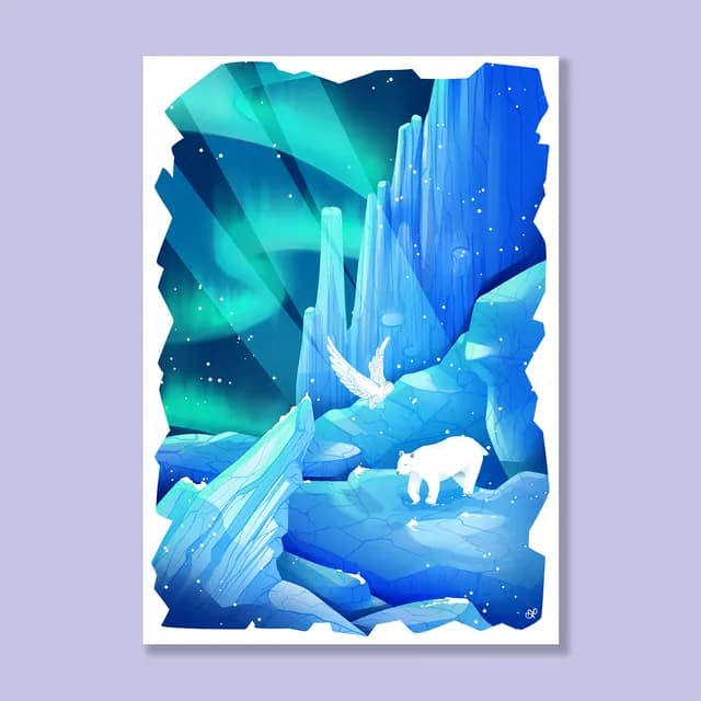 Illustration d'un ours polaire et d'un oiseau blanc sur la banquise sous une aurore boréale.