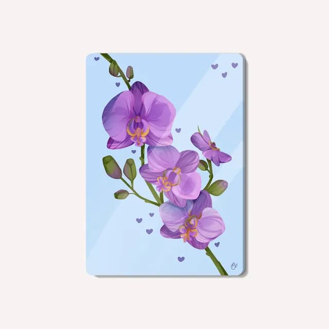 Illustration de fleurs d'orchidées violettes et bourgeons avec petits cœurs sur fond bleu clair