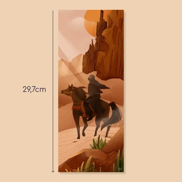 Illustration verticale d'un cavalier à dos de cheval dans un désert aux teintes ocres et falaises rocheuses
