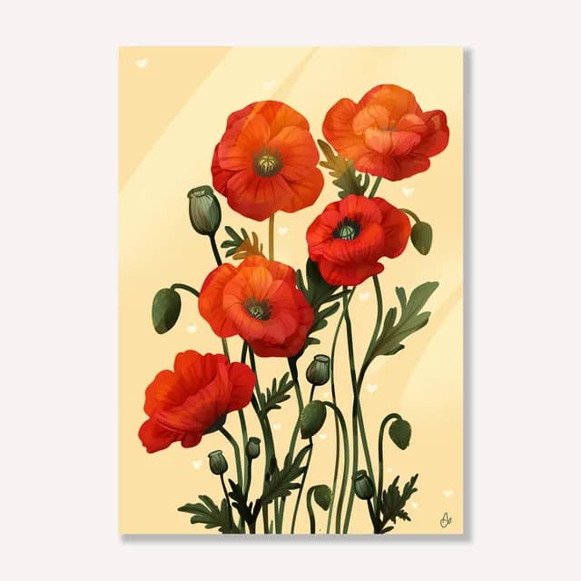 Illustration de coquelicots rouges et boutons floraux aux tiges vertes sur un fond jaune clair.