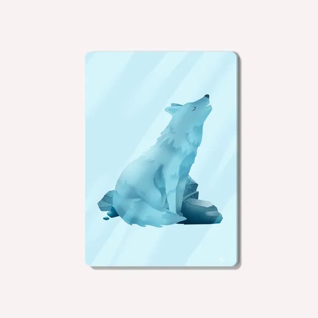 Illustration d'un loup assis sur des rochers dans les tons bleus sur fond clair.