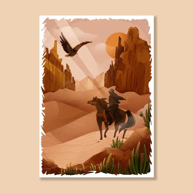 Illustration d'un cavalier dans un désert aux tons ocres, avec un oiseau en vol et des falaises rocheuses.