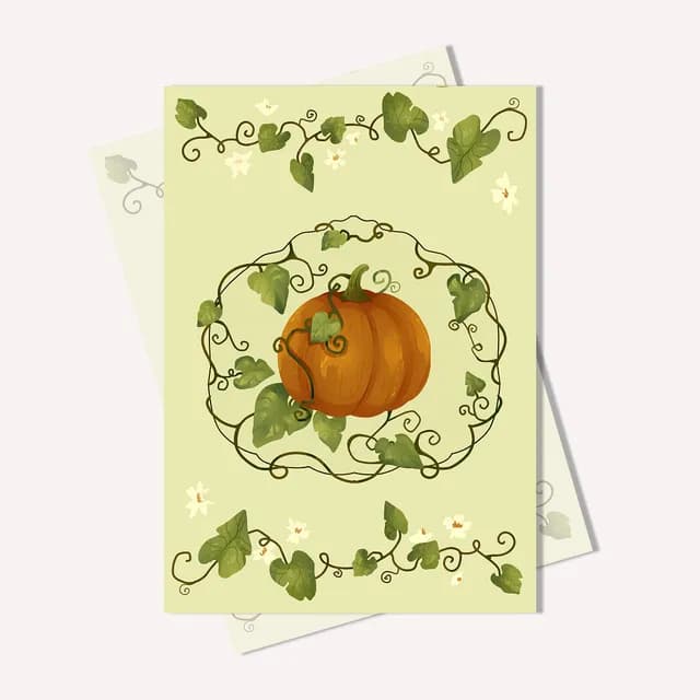 Affiche illustrée d'une citrouille orange encadrée de feuilles et lianes vertes sur fond vert clair