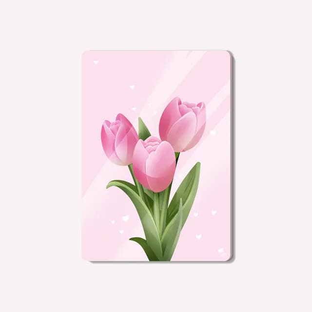 Carte postale illustrée de trois tulipes roses avec feuilles vertes sur fond rose tendre.