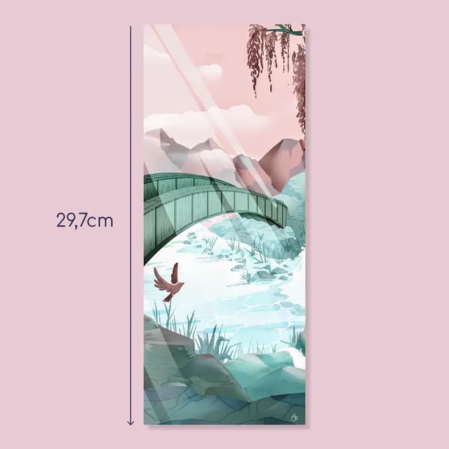 Illustration verticale d'un pont vert au-dessus d'une rivière, oiseau en vol et montagnes sous un ciel rose.