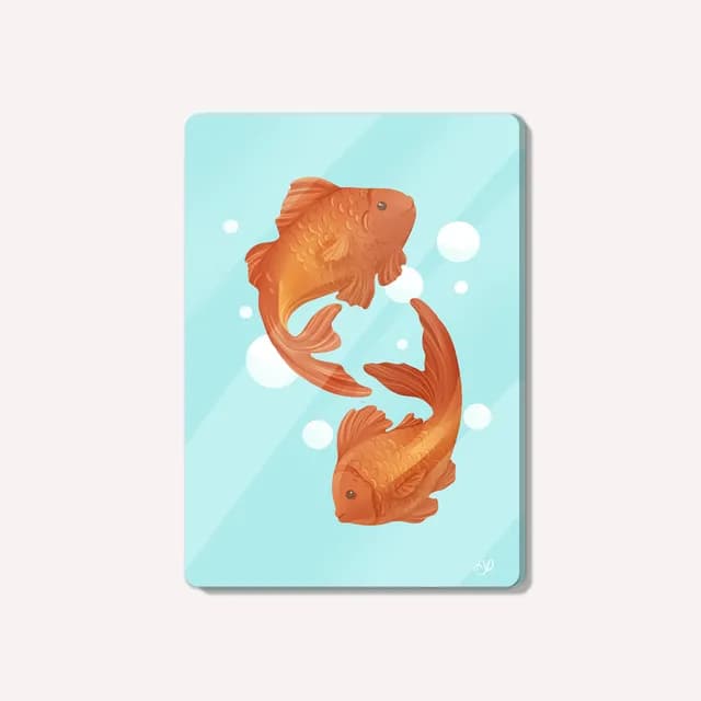 Carte postale illustrée avec deux poissons oranges nageant sur un fond bleu clair à bulles.