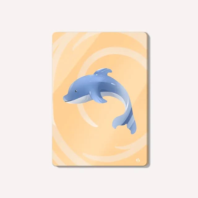 Carte postale illustrée d'un dauphin bleu bondissant sur un fond tourbillon beige et ocre clair.