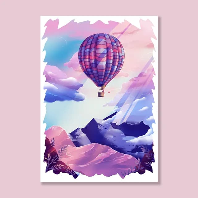Montgolfière colorée survolant un paysage de montagnes dans des tons rose et violet aux rayons lumineux