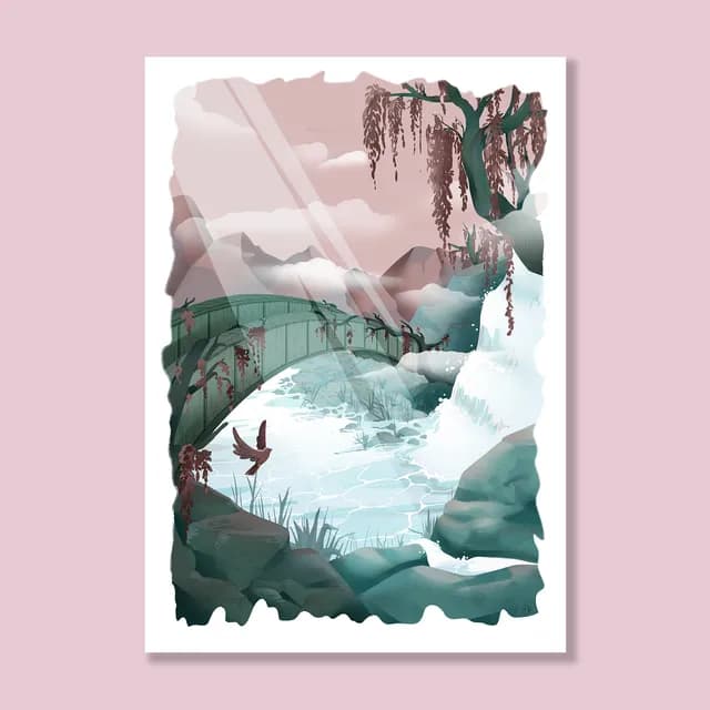 Illustration d'un pont en bois au-dessus d'une rivière turquoise entourée de rochers et d'arbres d'automne.