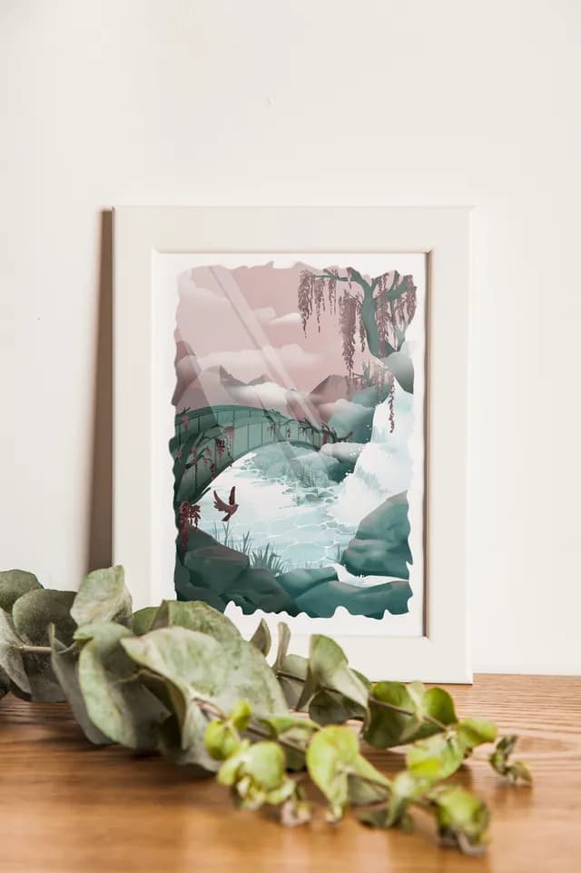 Vue rapprochée de l'illustration avec pont, cascade d'eau et oiseau survolant la rivière.