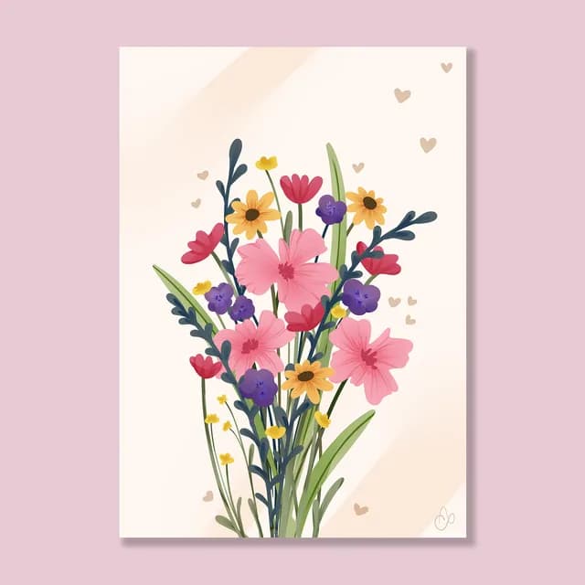 Illustration d'un bouquet champêtre aux fleurs roses, jaunes et violettes avec de petits cœurs.
