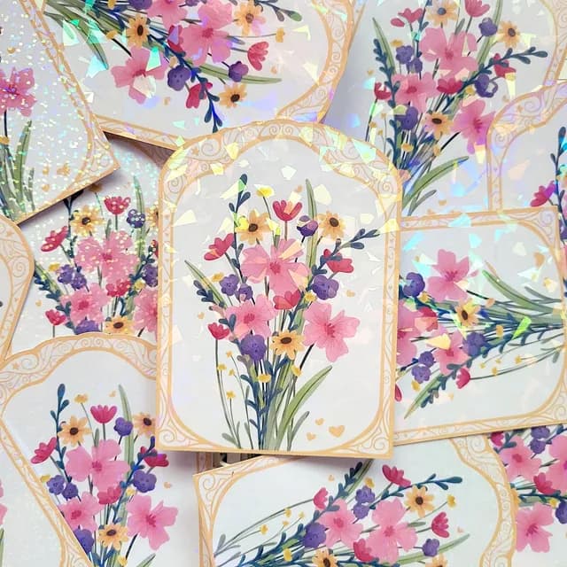 Gros plan sur les détails floraux et les reflets scintillants du sticker bouquet.