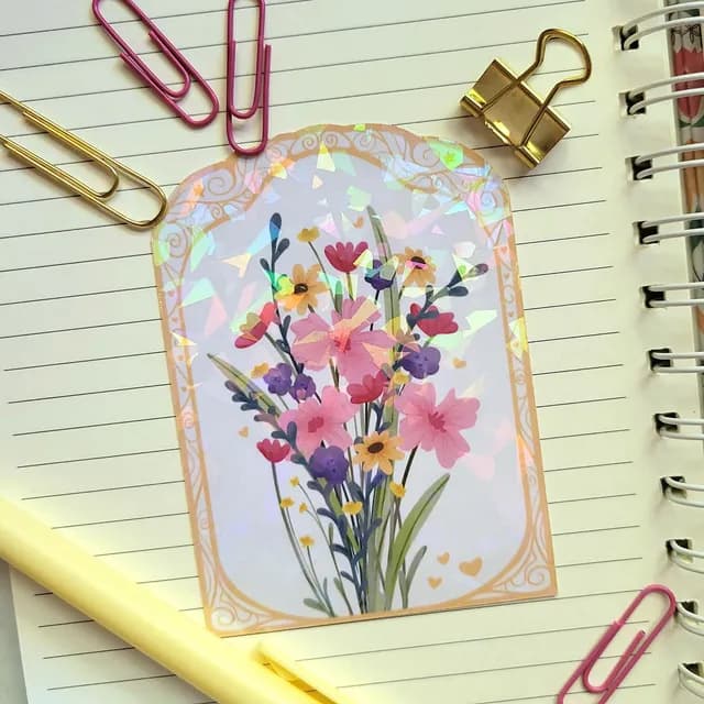 Sticker bouquet de fleurs colorées aux reflets holographiques posé sur un carnet ligné.