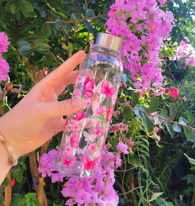 Vue d'ensemble de la gourde transparente avec ses motifs papillons roses et son bouchon argenté