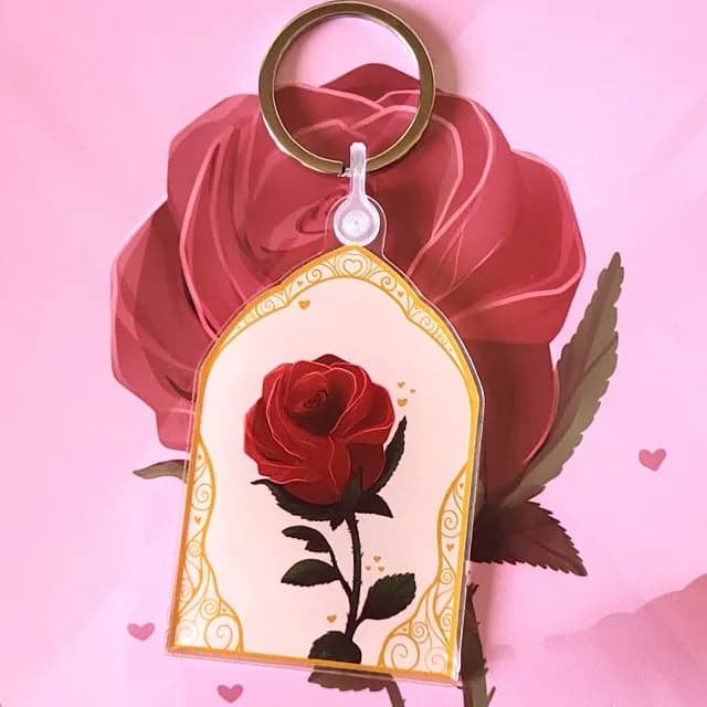 Porte-clés en acrylique en forme d'arche illustré d'une rose rouge avec bordure jaune