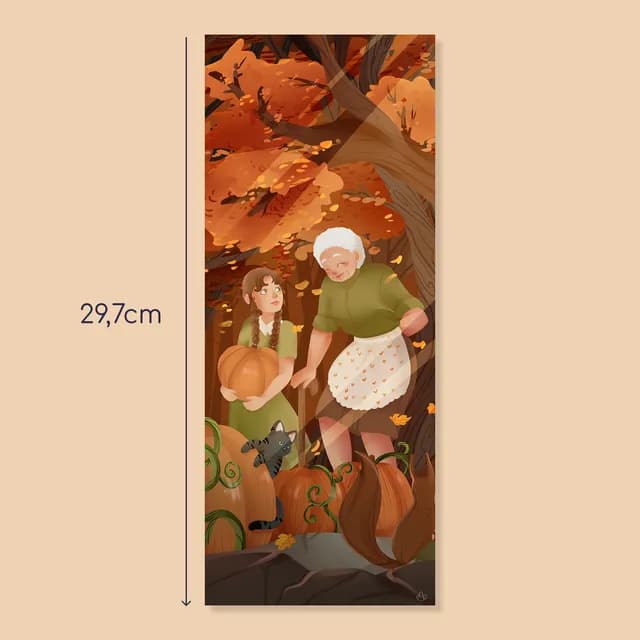 Illustration d'une grand-mère et d'une fillette en forêt d'automne avec citrouilles, chat et feuillage orangé.
