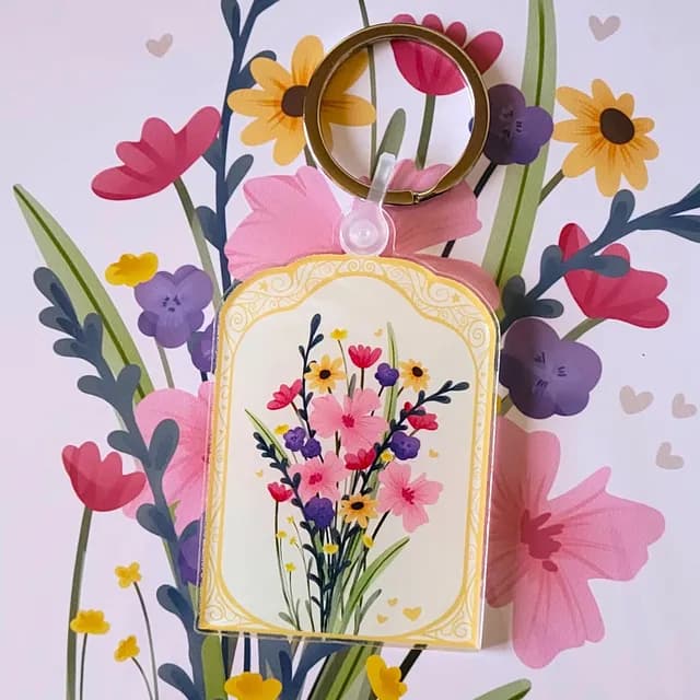 Porte-clés acrylique en forme d'arche avec illustration de fleurs roses, jaunes et violettes sur fond blanc