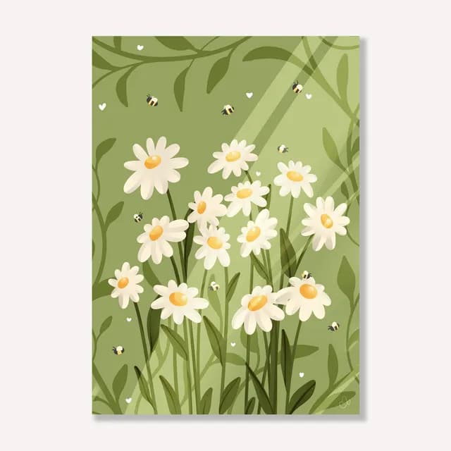 Illustration florale de pâquerettes blanches sur fond vert végétal avec de petites abeilles.