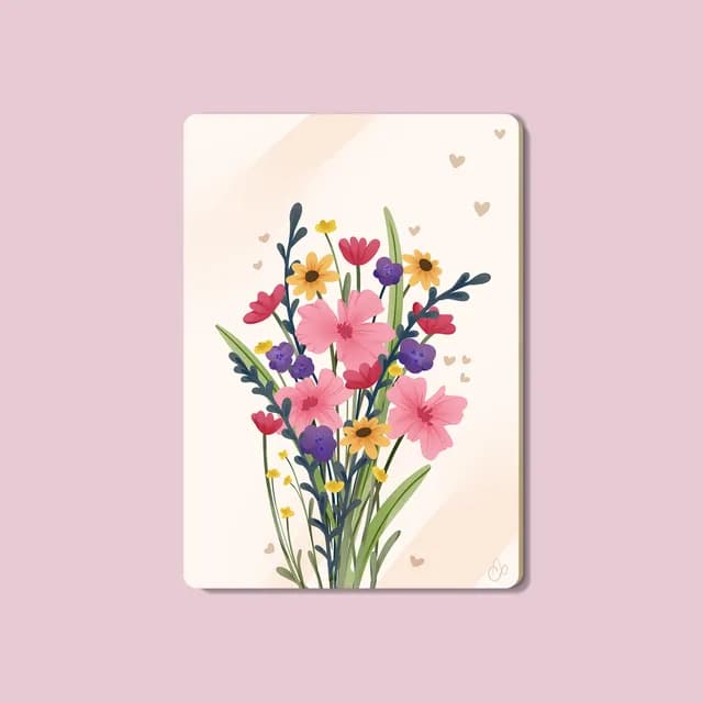 Illustration d'un bouquet champêtre aux fleurs roses, violettes et jaunes sur une carte à fond clair.