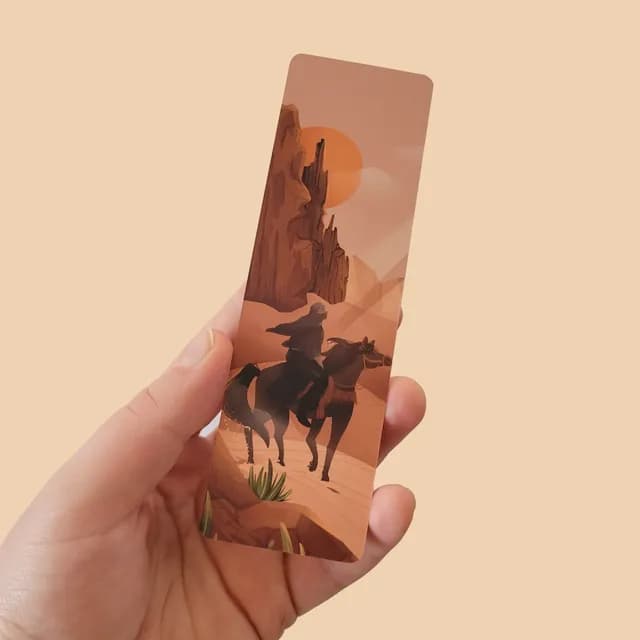 Vue d'ensemble du marque-page illustré désert avec cavalier et soleil couchant dans les tons chauds.