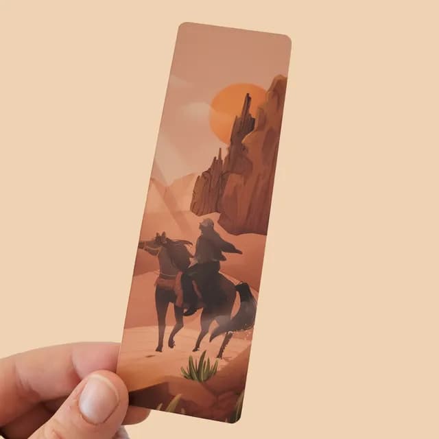 Marque-page illustré tenu en main représentant un cavalier dans un désert aux tons ocres et orangés.