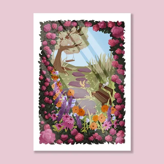 Affiche illustrée d'un jardin avec chemin de pierre, banc en bois et encadrement de roses roses