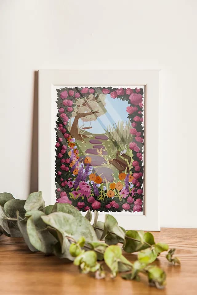 Détail de l'illustration avec balançoire suspendue à un arbre et fleurs aux teintes automnales