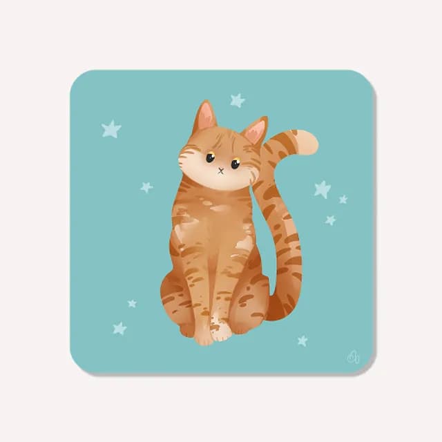 Illustration d'un chat roux tigré assis sur fond bleu parsemé d'étoiles