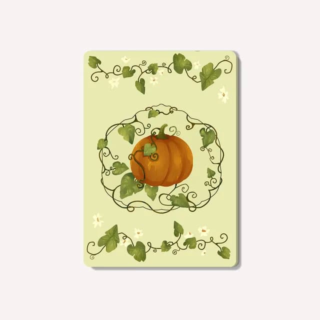 Carte postale vert clair illustrée d'une citrouille orange encadrée de lianes végétales et petites fleurs.