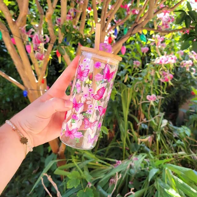 Verre avec paille papillons - photo 1
